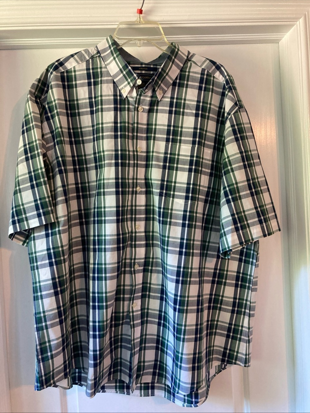 Mason James Men XXL Shirt Green White Plaid Short Sleeve Stretch Button Down